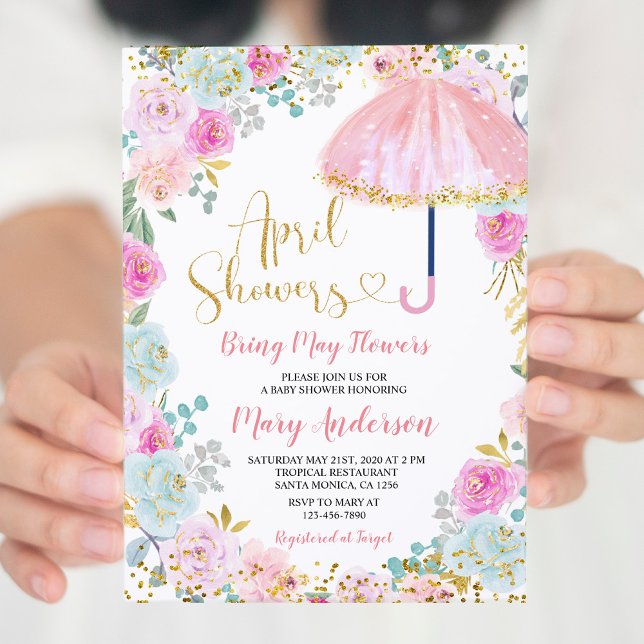 Pink April Showers Bring May Flowers Baby Shower Invitation (Creator Uploaded)
