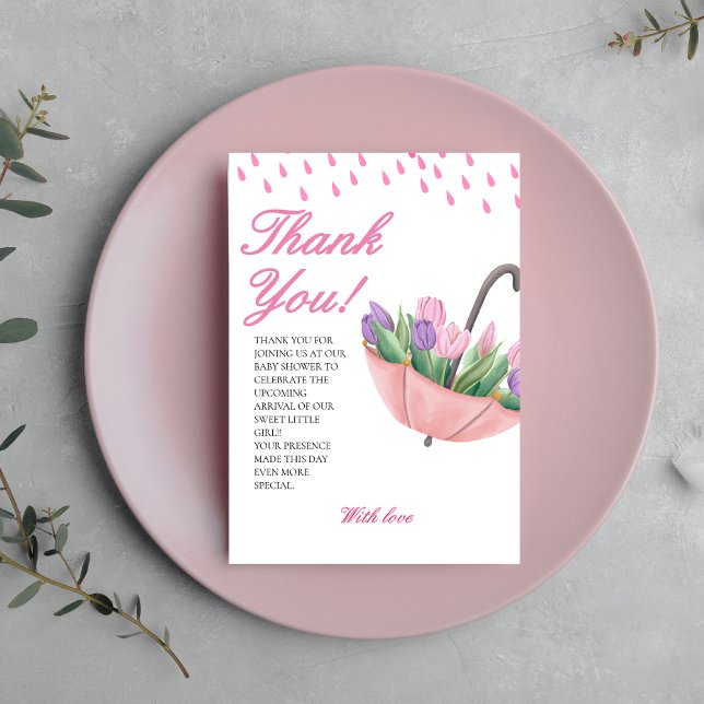 Pink april showers bring may flowers baby shower  thank you card (Creator Uploaded)