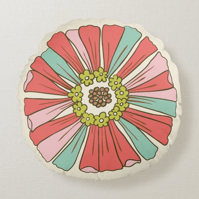 Pink & Aqua 70s Flower Round Cushion (Front)