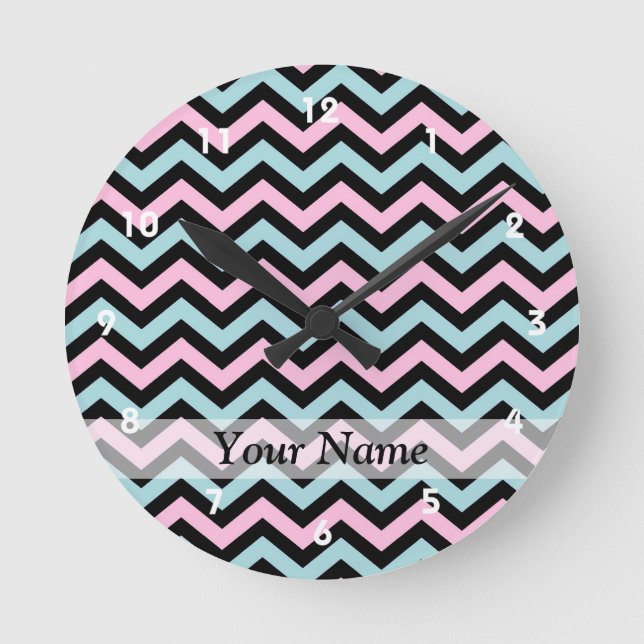 Pink aqua and black chevron round clock (Front)
