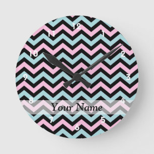 Pink aqua and black chevron round clock