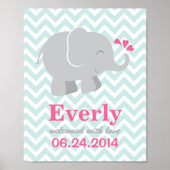 Pink Aqua and Grey Elephant | Baby Girl Nursery Poster (Front)