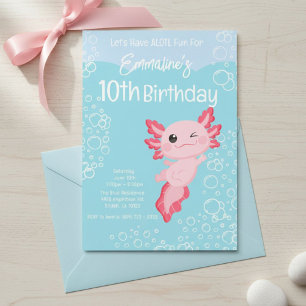 Pink Aqua Axolotl 10th Birthday Party Invitation