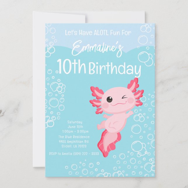 Pink Aqua Axolotl 10th Birthday Party Invitation (Front)