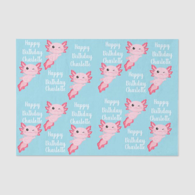 Pink Aqua Axolotl Girl Happy Birthday Name Tissue Paper (Front)