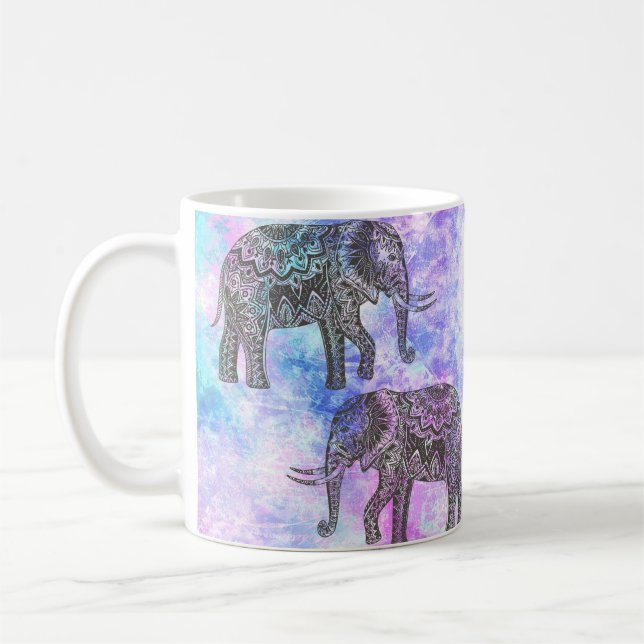 Pink Aqua Black Elephant Bright Tribal Coffee Mug (Left)