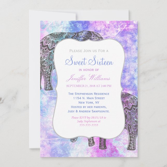 Pink Aqua Black Elephant Bright Tribal             Invitation (Front)