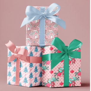 Pink Aqua Blue Colourful Christmas Trees Cookies Wrapping Paper Sheet