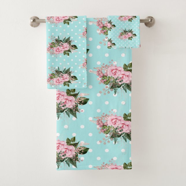 PINK AQUA BLUE FLORAL SPOT BATHROOM TOWEL SET (Insitu)