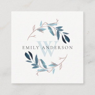 PINK AQUA BLUE FOLIAGE INITIAL WREATH PROFESSIONAL SQUARE BUSINESS CARD