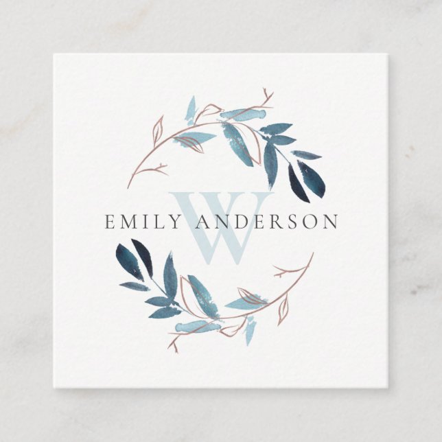 PINK AQUA BLUE FOLIAGE INITIAL WREATH PROFESSIONAL SQUARE BUSINESS CARD (Front)