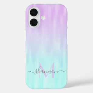 Pink Aqua Blue Pastel Ombre Chic Script Monogram iPhone 16 Case