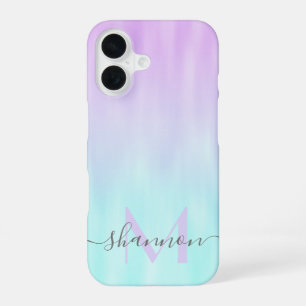 Pink Aqua Blue Pastel Ombre Chic Script Monogram iPhone 16 Case