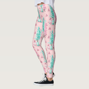 Pink Aqua Christmas Tree Festive  Leggings