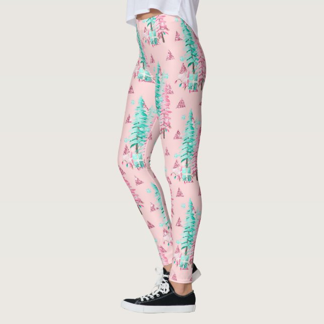 Pink Aqua Christmas Tree Festive  Leggings (Left)