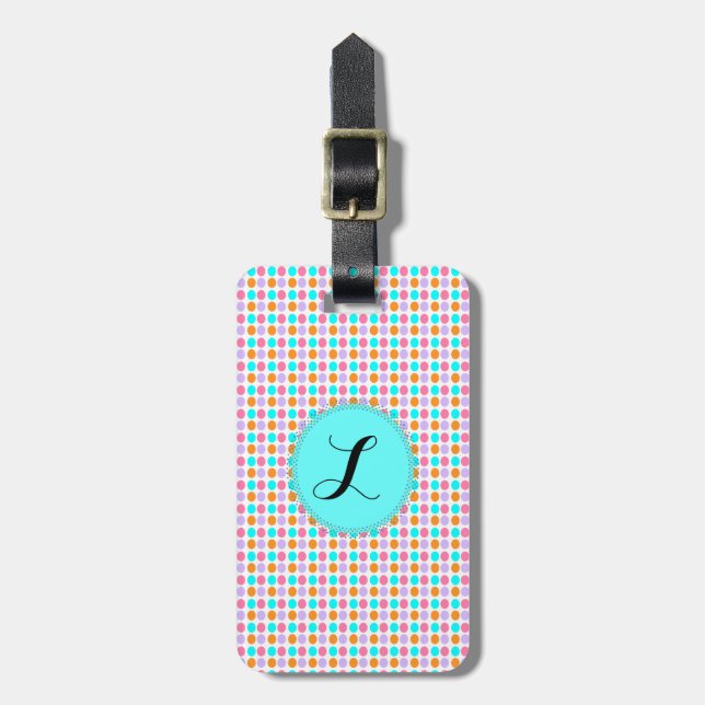 Pink Aqua Dots with monogram luggage tag (Front Vertical)