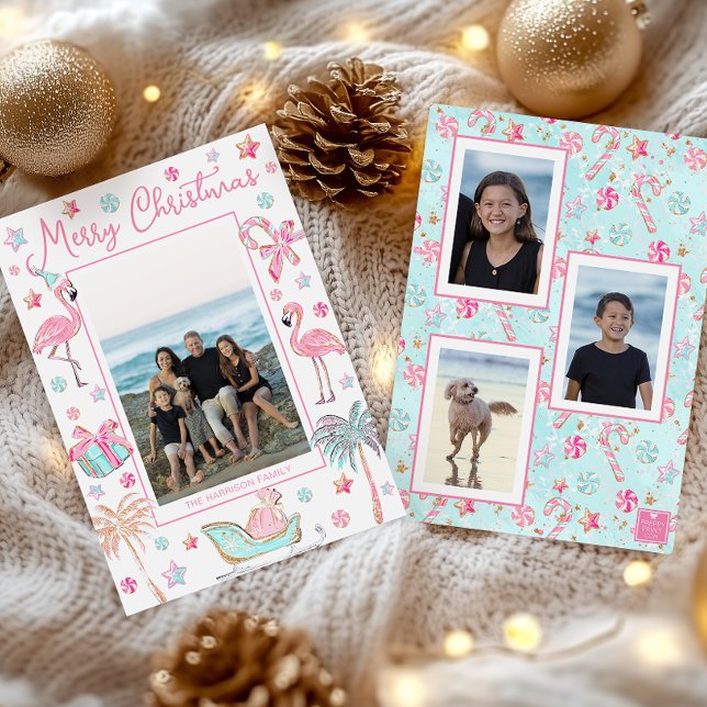 Pink & Aqua Flamingo Beach Christmas Photo Holiday Card (Creator Uploaded)