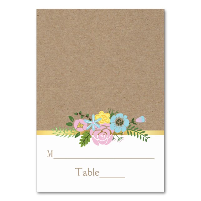 Pink, aqua floral craft paper wedding place card (Front)