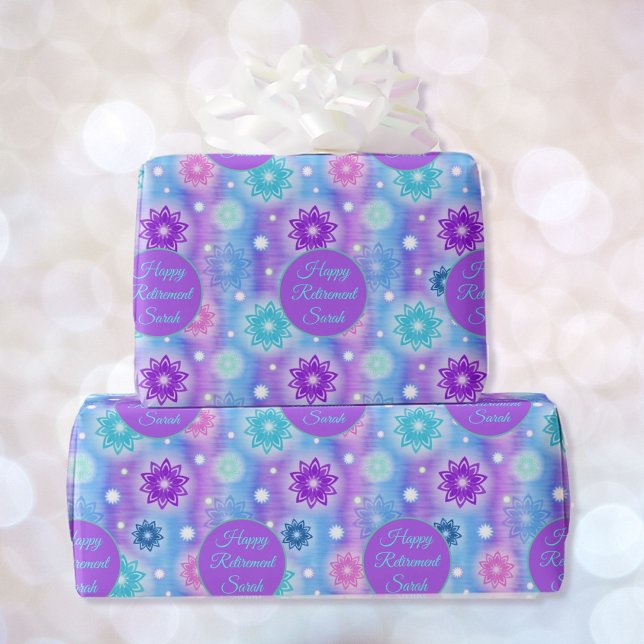 Pink Aqua Floral Happy Retirement Personalise Name Wrapping Paper (Creator Uploaded)