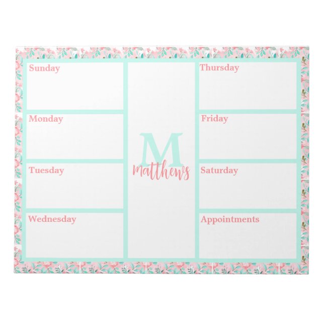 Pink & Aqua Floral Weekly Planner Notepad (Front)
