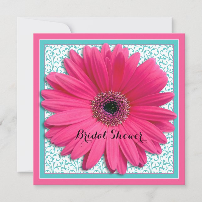 Pink Aqua Gerbera Daisy Bridal Shower Invitation (Front)