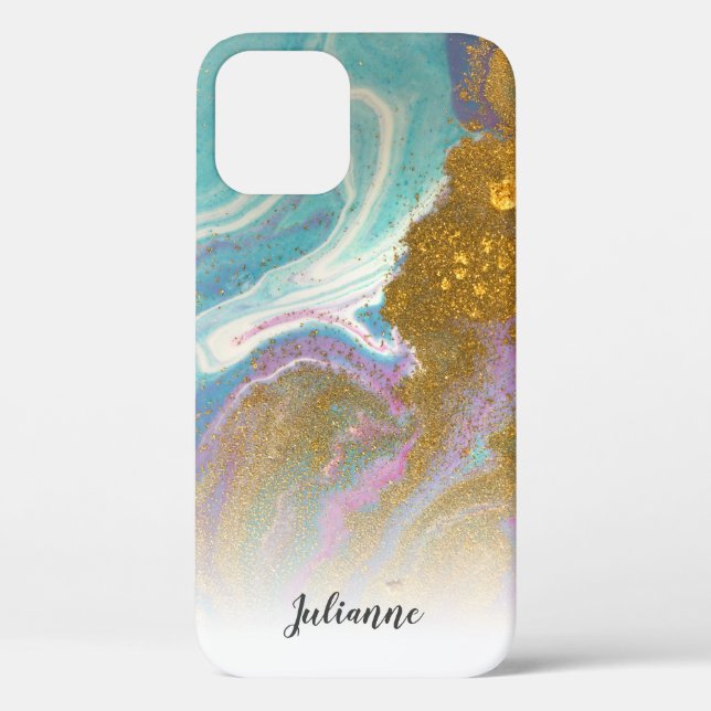 Pink Aqua Gold Glitter Marble Personalised Case (Back)
