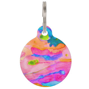 Pink Aqua Green Neon Abstract Round Pet Tag