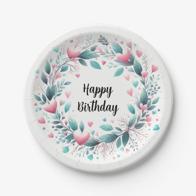 Pink Aqua Heart Birthday Wreath  Paper Plate (Front)
