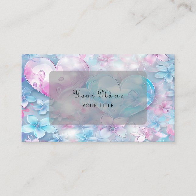 Pink Aqua Hearts and Flowers Business Card (Front)