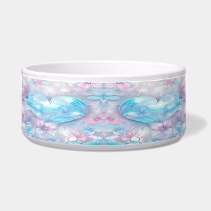 Pink Aqua Hearts and Flowers Ceramic Pet Bowl