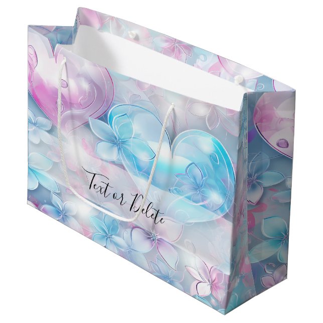 Pink Aqua Hearts and Flowers Gift Bag (Front Angled)