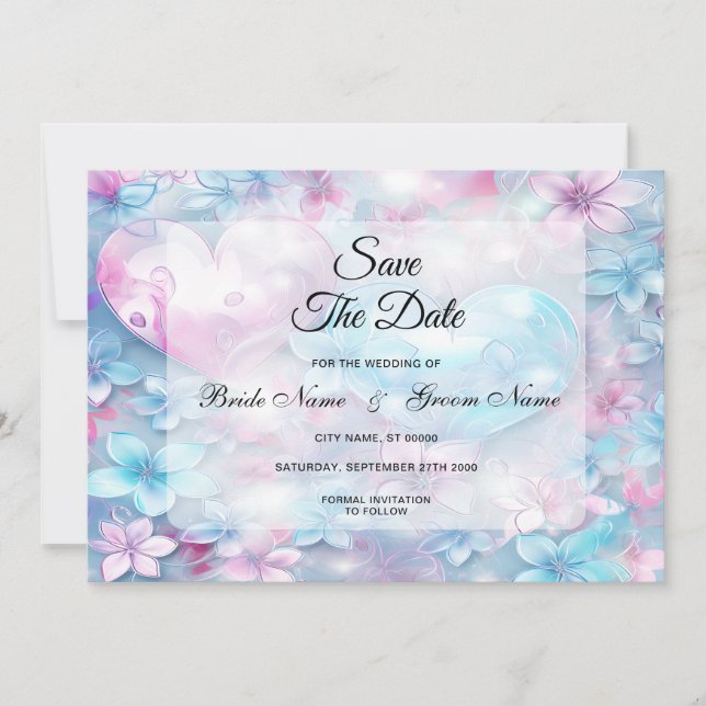 Pink Aqua Hearts and Flowers Save The Date (Front)