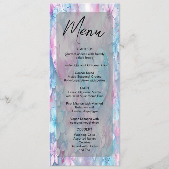 Pink Aqua Hearts and Flowers Wedding Menu (Front)