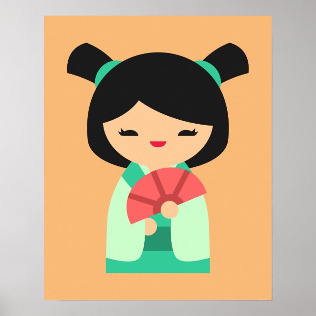 pink aqua Kokeshi Japanese dolls Poster (Front)