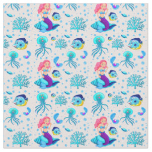 Pink Aqua Mermaid on Seashell Underwater Fish Fabric