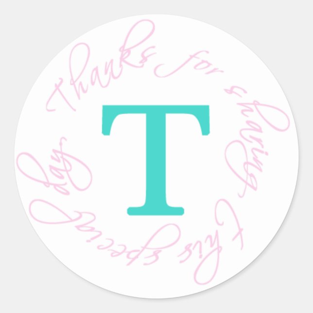 Pink, Aqua Monogram T Thank You Sticker 4 (Front)