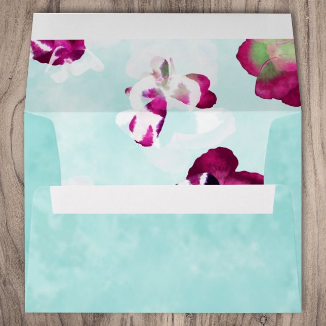 Pink Aqua Pansies Wedding Envelope (light turquoise 5x7 envelope with violet, berry pink pansies, floral pink and cyan wedding envelope)