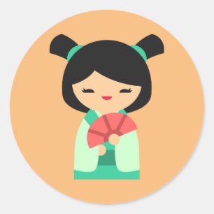 Pink aqua peach Kokeshi Japanese dolls Classic Round Sticker