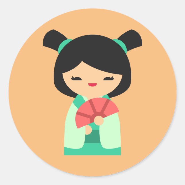 Pink aqua peach Kokeshi Japanese dolls Classic Round Sticker (Front)