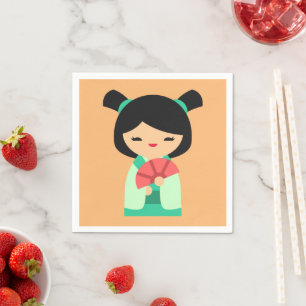 Pink aqua peach Kokeshi Japanese dolls Napkin