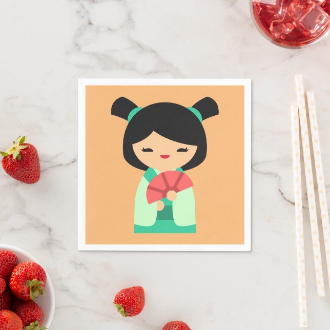 Pink aqua peach Kokeshi Japanese dolls Napkin (Insitu)