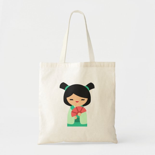Pink aqua peach Kokeshi Japanese dolls Tote Bag (Front)
