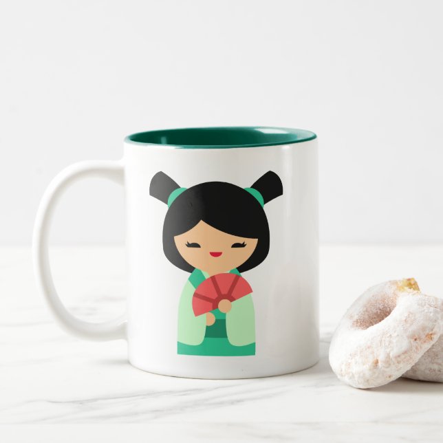 Pink aqua peach  Kokeshi Japanese dolls Two-Tone Coffee Mug (With Donut)