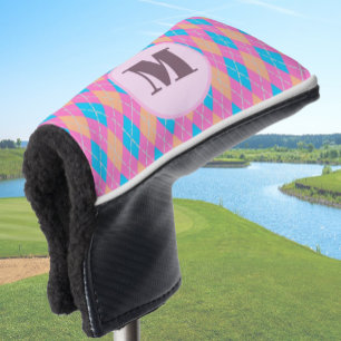 Pink Aqua preppy argyle custom monogram ladies Golf Head Cover