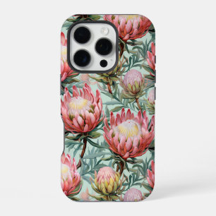 Pink Aqua Protea Flowers Fynbos Tiled Print Design iPhone 16 Pro Case