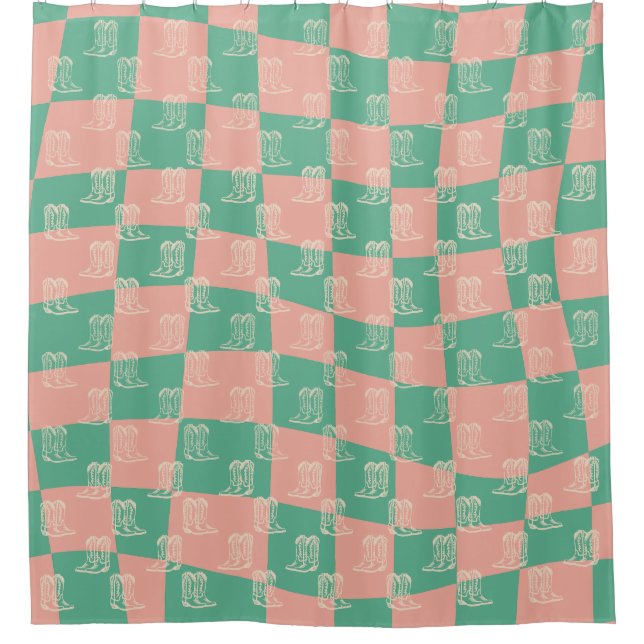 Pink Aqua Retro Modern western cowboy boots Shower Curtain (Front)