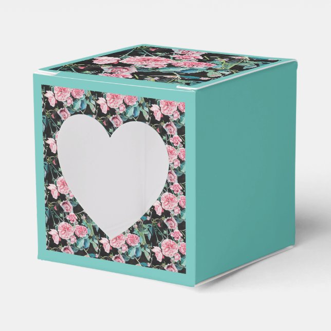 Pink Aqua Rose Floral Tea Party Cake Favor Box (Front Side)