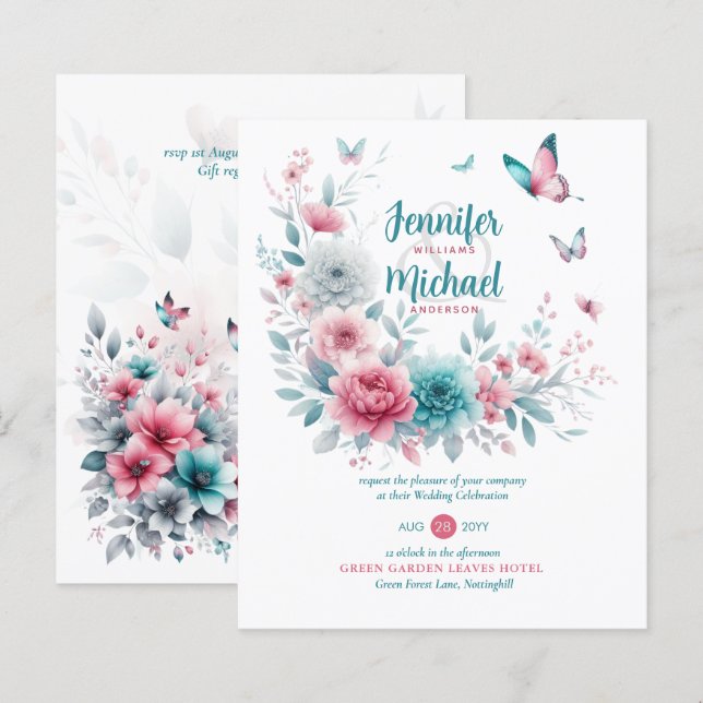 Pink Aqua Silver Floral Boho Spring Summer Wedding (Front/Back)