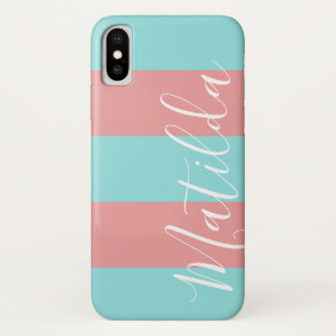 Pink Aqua Stripe Personalised Name iPhone X Case