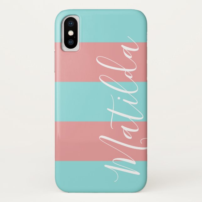 Pink Aqua Stripe Personalised Name Case-Mate iPhone Case (Back)